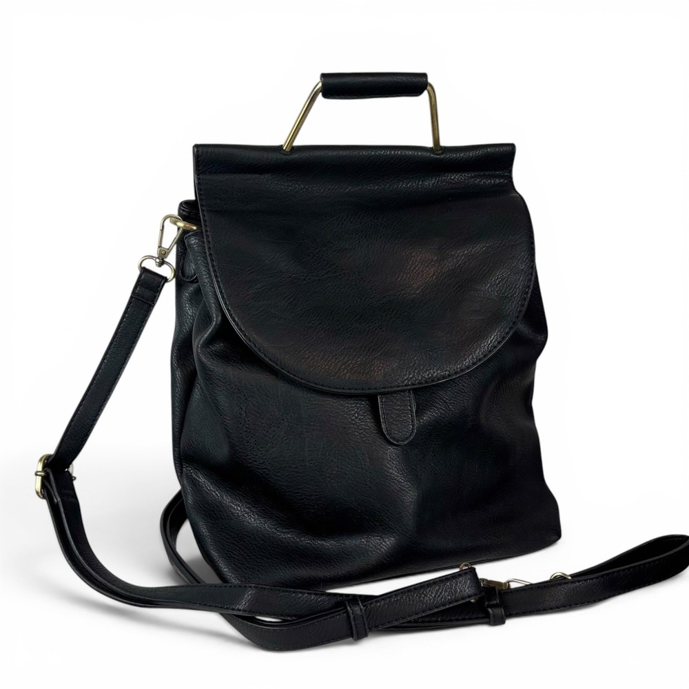 Antik Kraft Black Leather Convertible Backpack Crossbody Bag Leopard Lining